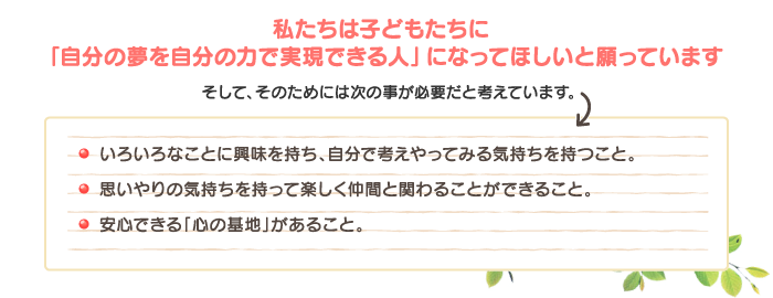 私たちは子どもたちに「自分の夢を自分の力で実現できる人」になってほしいと願っています。そして、そのためには次の事が必要だと考えています。いろいろなことに興味を持ち、自分で考えやってみる気持ちを持つこと・思いやりの気持ちを持って楽しく仲間と関わることができること・安心できる「心の基地」があること